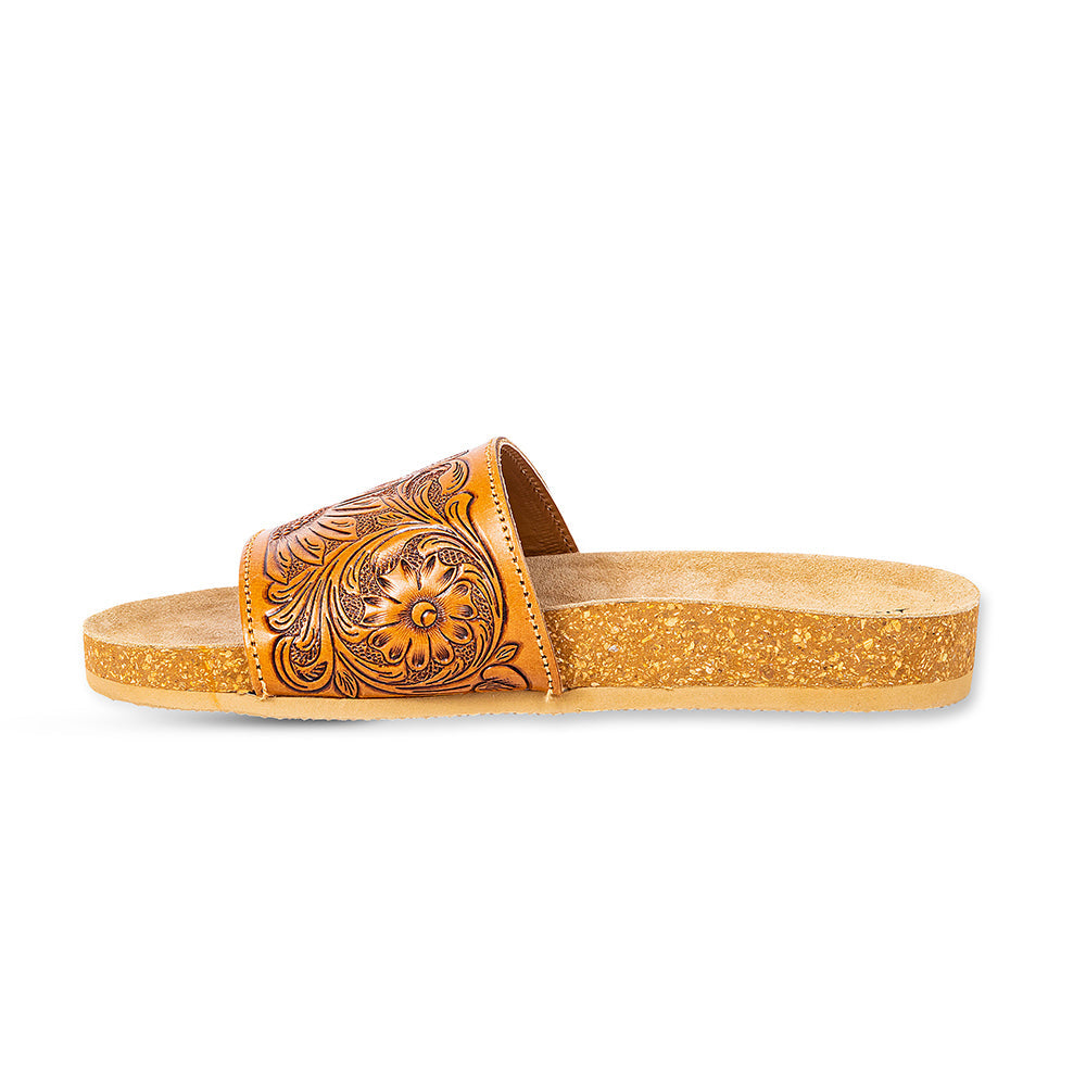 Myra Dottie Handtooled Leather Slide Sandals for Women – Floral Western Tooling with Cork Sole for Casual Comfort