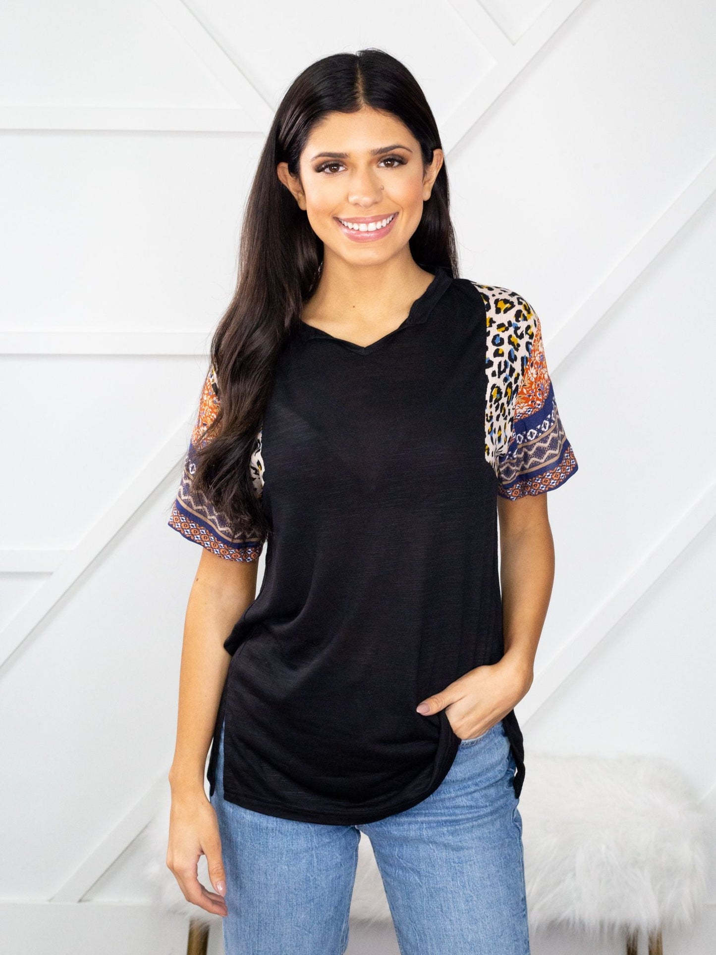 IM HERE FOR THE B.B.Q BLACK MIXED PRINT SHORT SLEEVE TOP