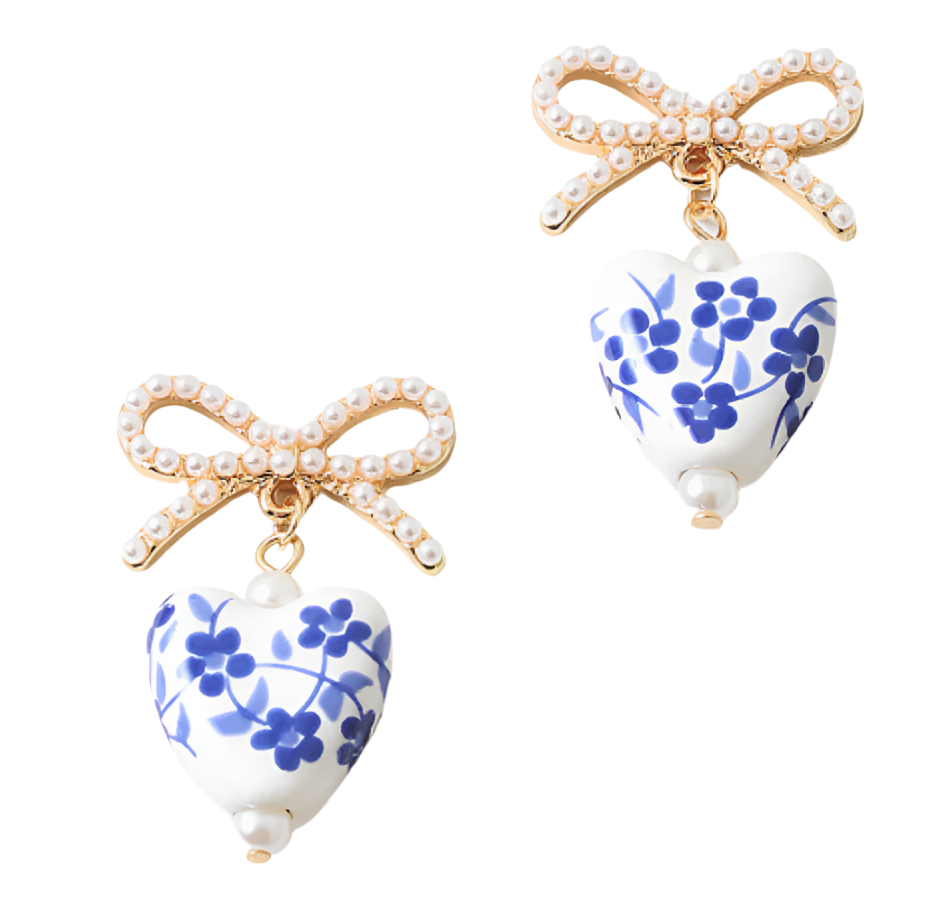 Floral Bow Earrings - Blue with Pearl Bow