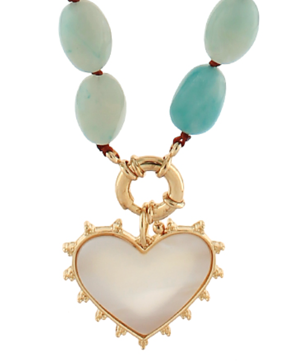Beaded Necklace - Blue Bead with Gold Heart Pendant
