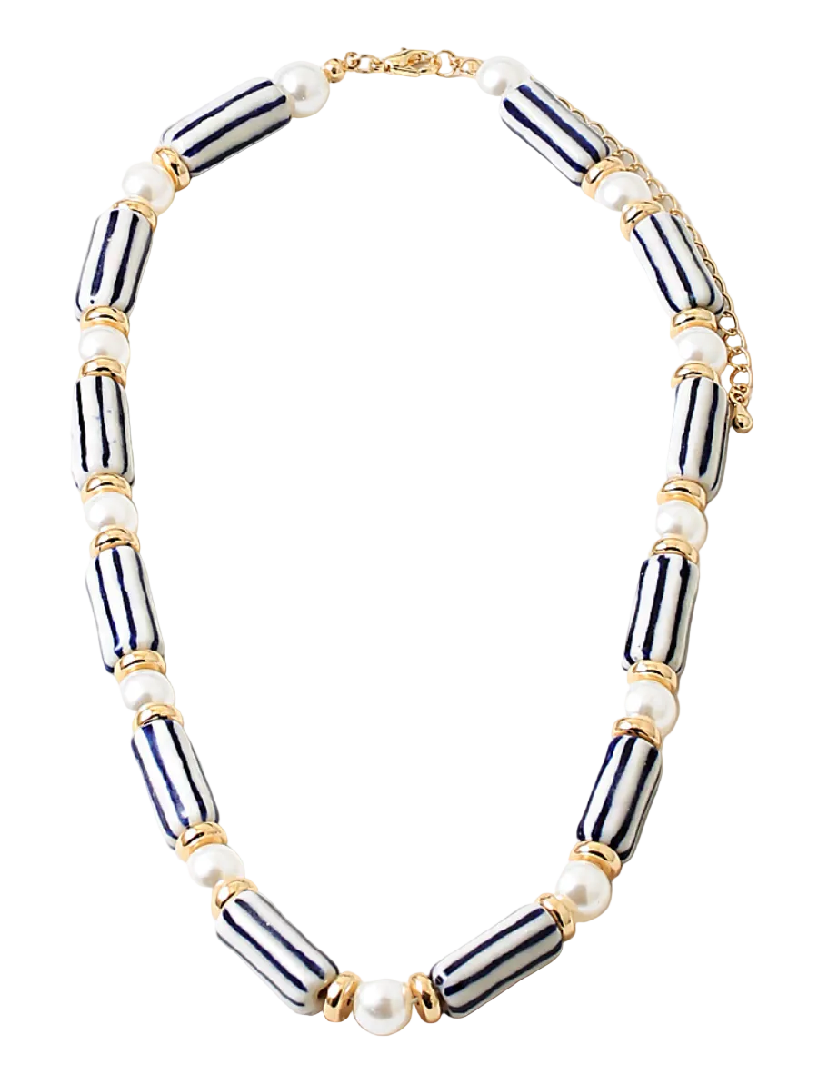 Long Bead with Pearl Bead Necklace - Blue and White Multi Stripe