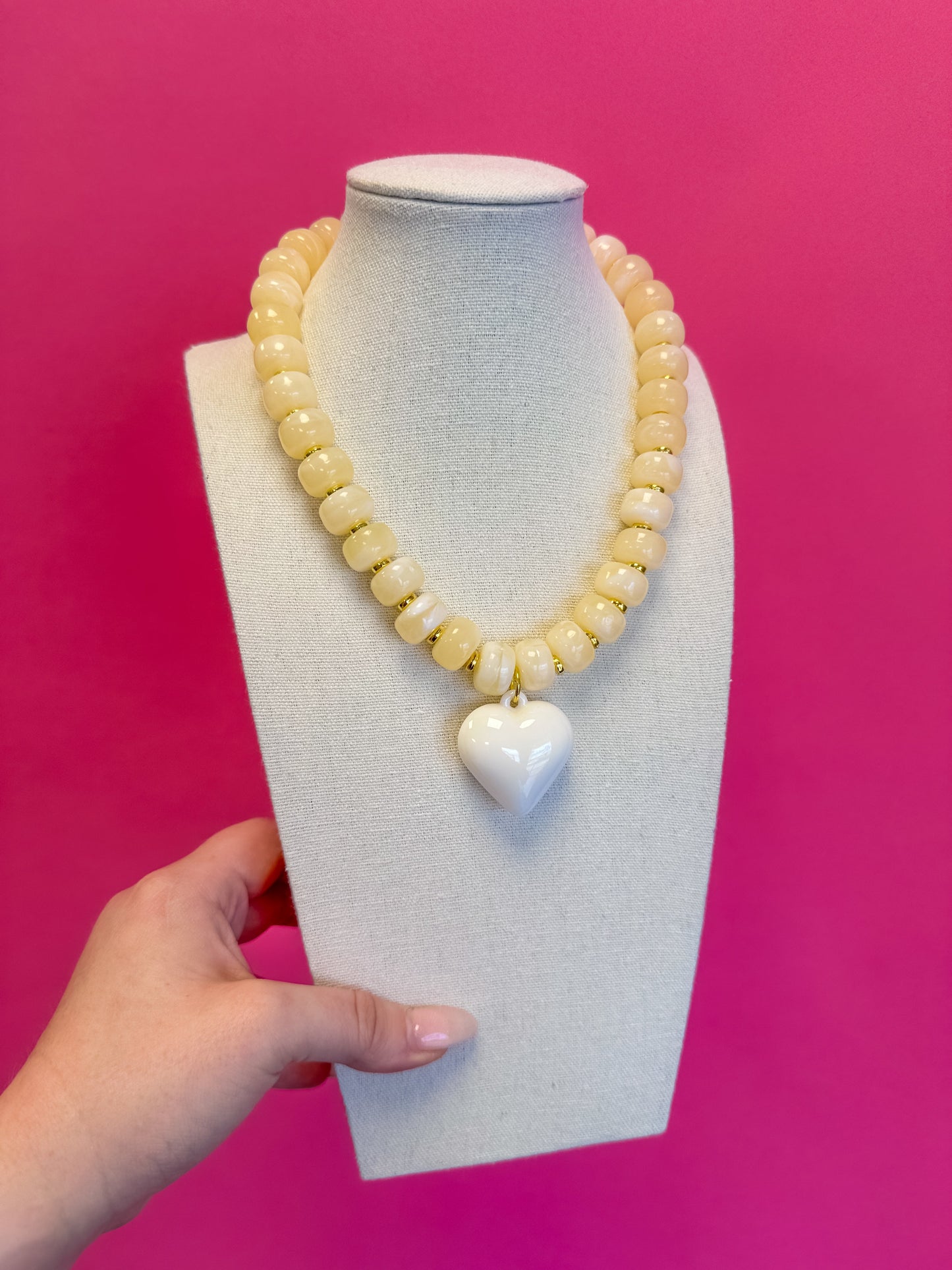 Statement Beaded Heart Necklace - Cream