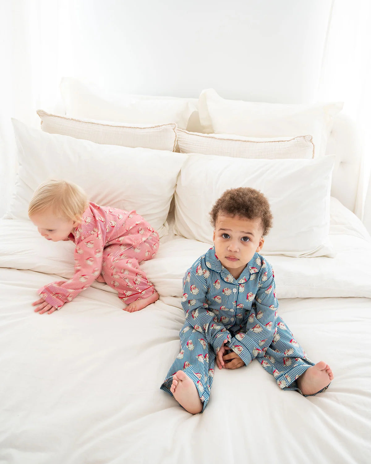 Smockingbird Navy Blue Striped Vintage Santa Christmas Pajama Set for Kids