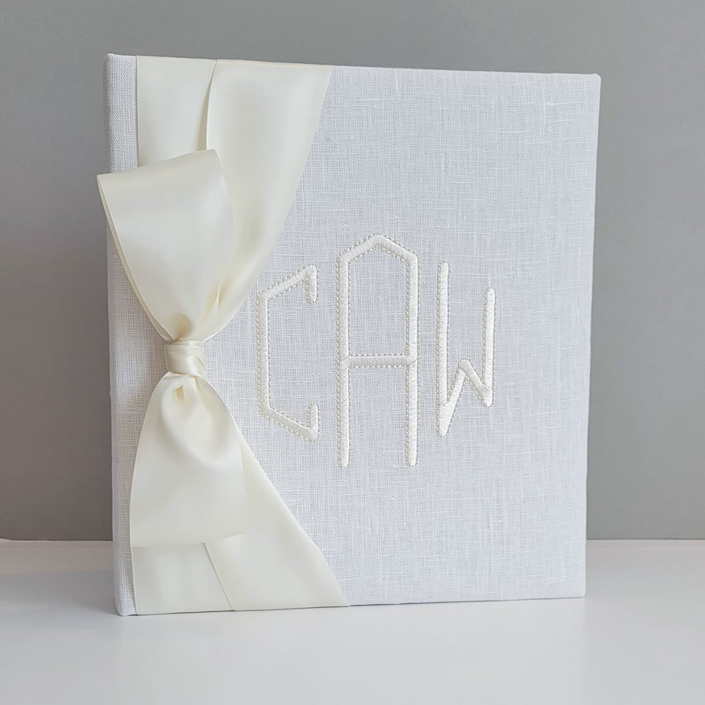Baby Memory Book - White Linen (w/ SATIN Bow)