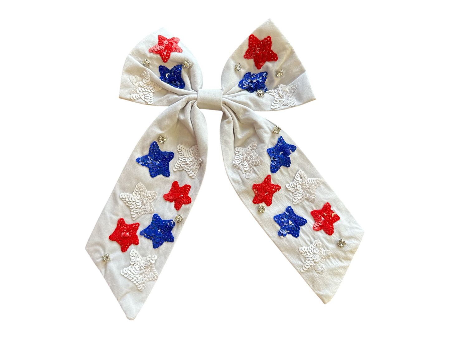Sequin Bow - White with Red, White and Blue Stars