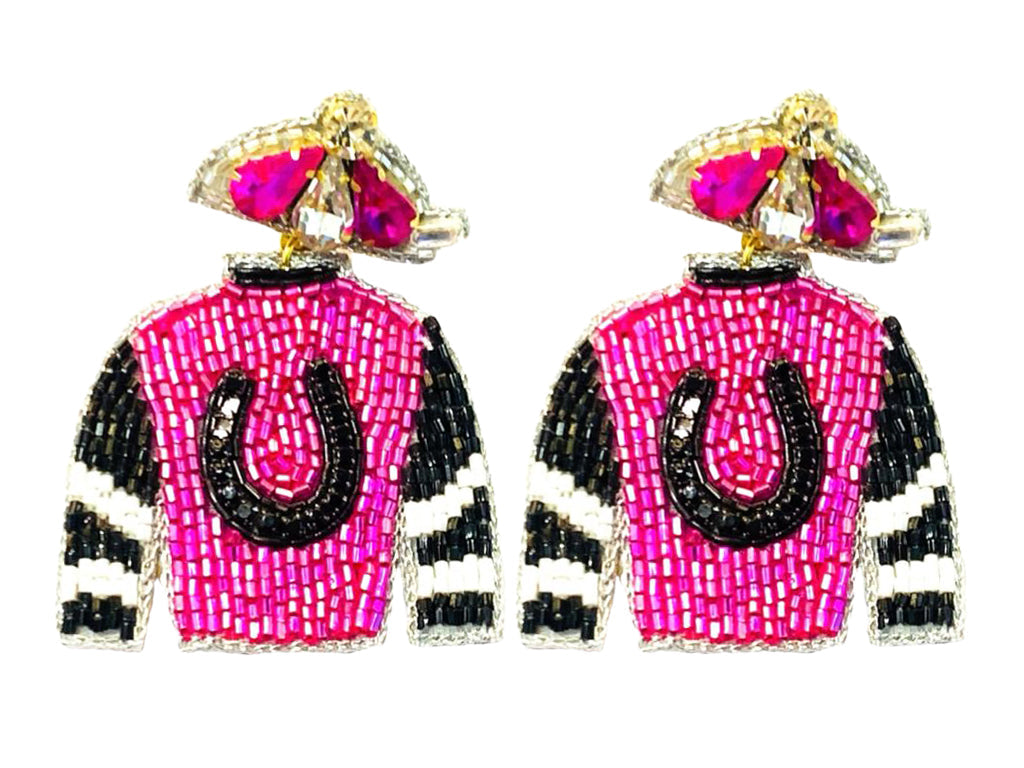 Derby Jersey Silk Earrings - Pink and Black Horseshoe