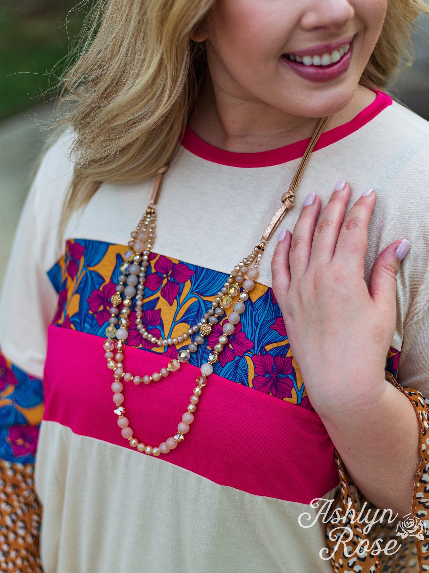 Peacefully in Love with Bronze Strap Beaded Necklace, Beige