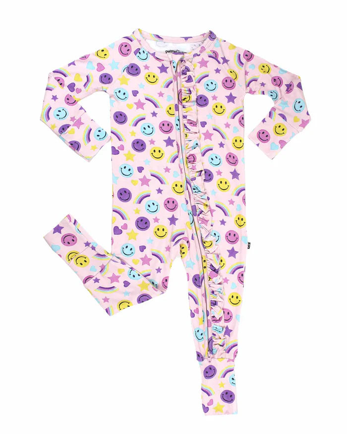 Smiley Rainbow Ruffled ‘Poppy’™ Convertible Romper –Bamboo Footie & Romper