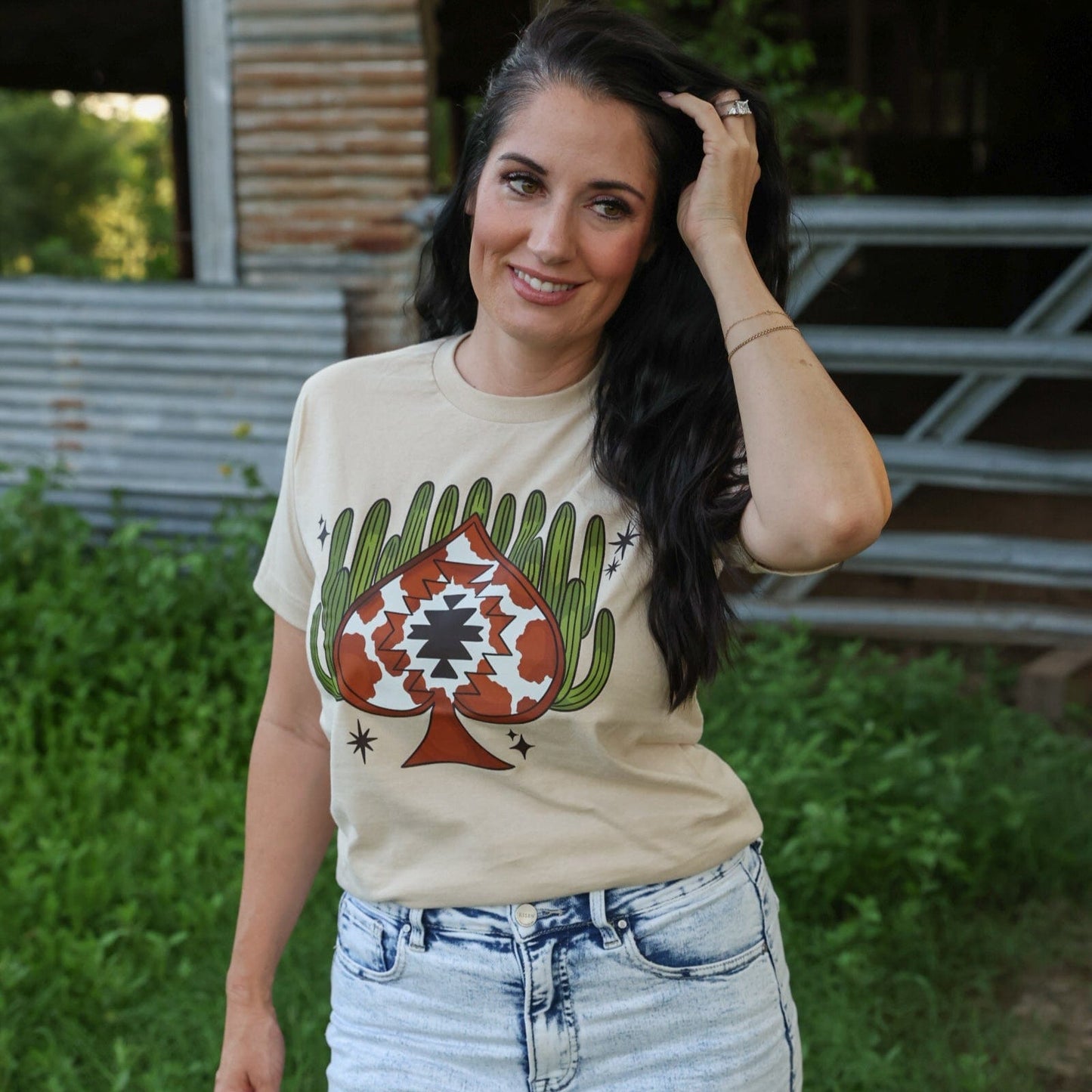 Aztec Cowprint Spade Cactus Soft Graphic Tee