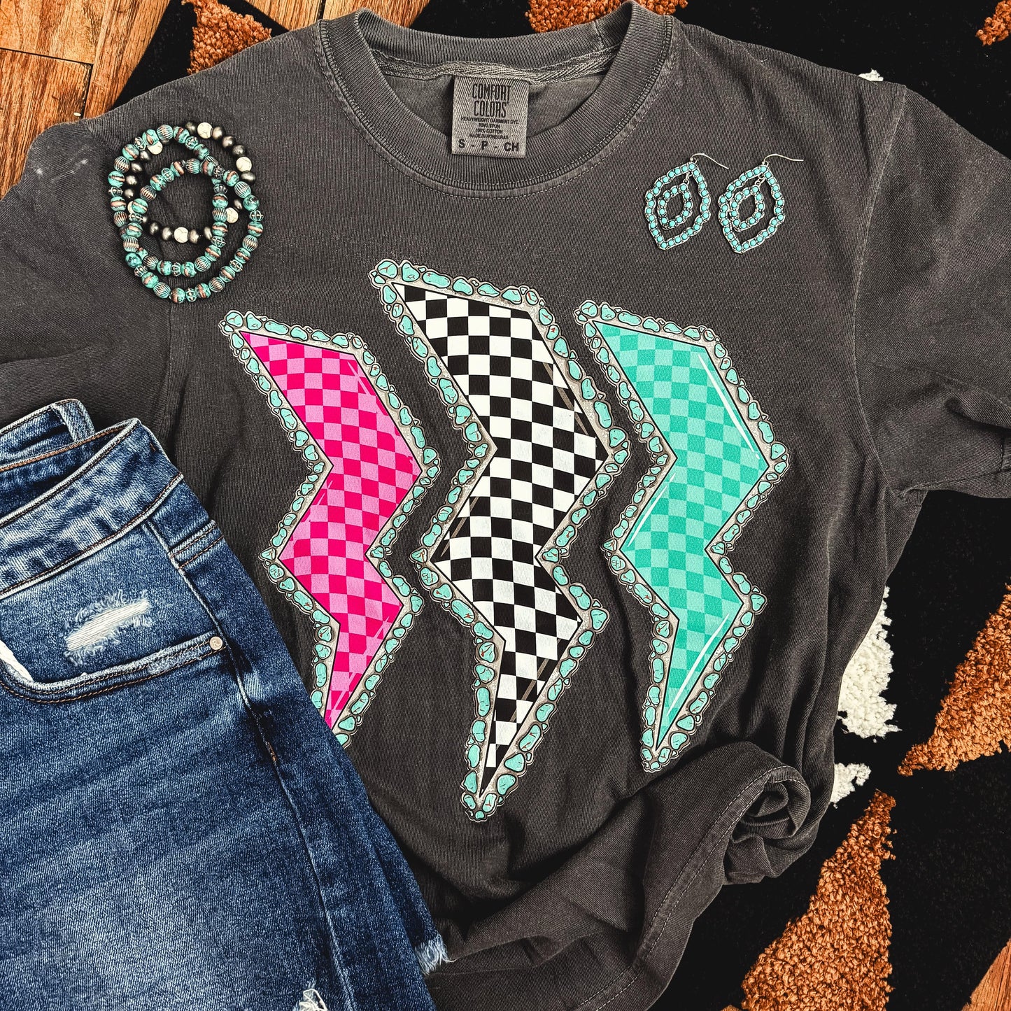 Triple Lightning Bolt Turquoise Border Tee Soft Graphic Tee