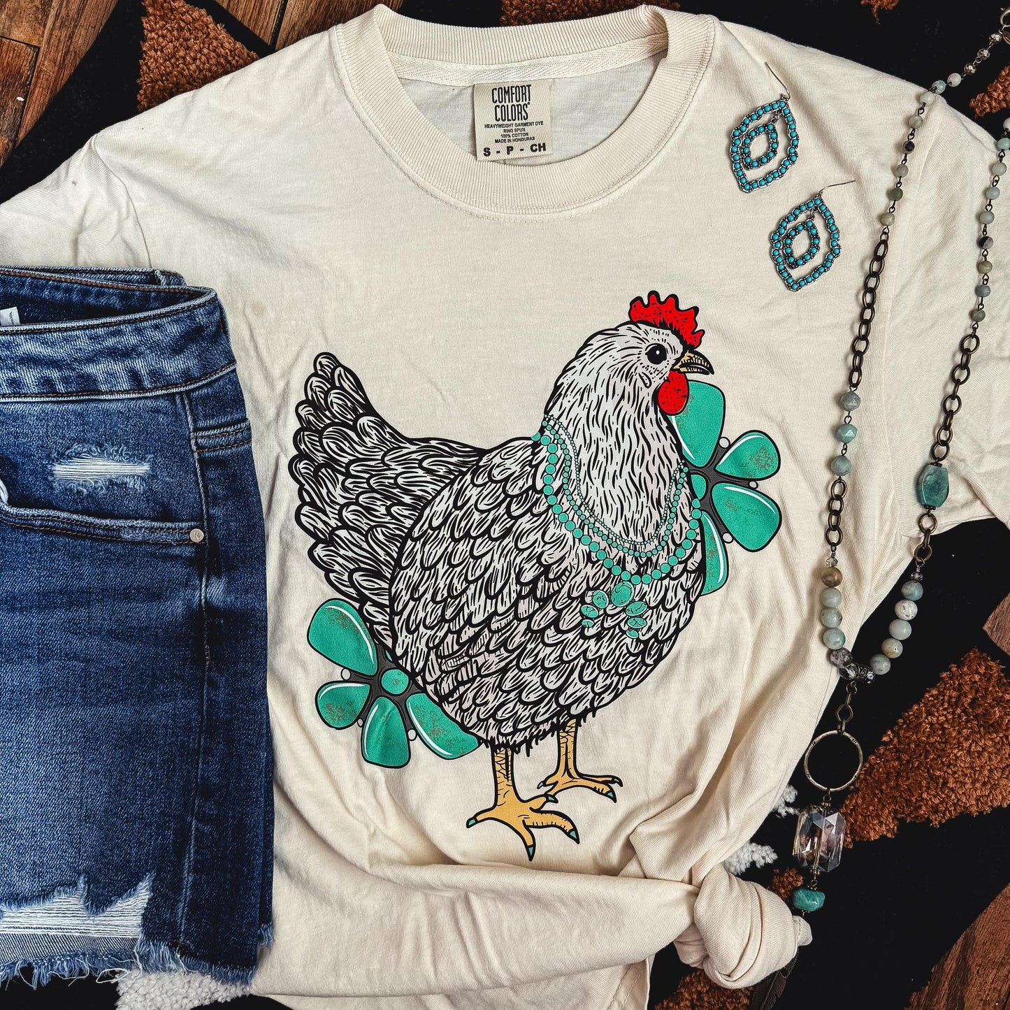 Turquoise Chicken with Flowers Soft Graphic Tee