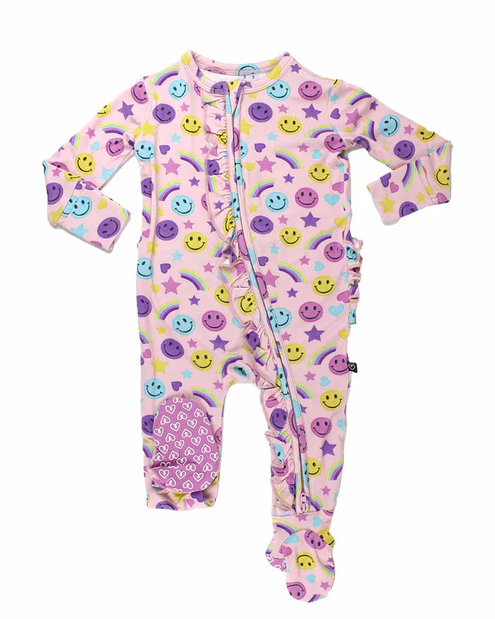 Smiley Rainbow Ruffled Zippered Footie – Bamboo Baby Sleeper