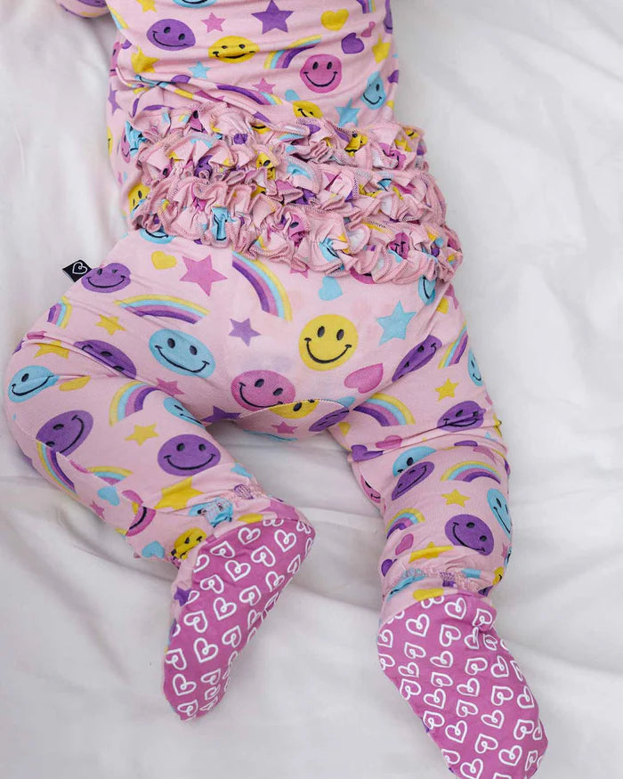 Smiley Rainbow Ruffled Zippered Footie – Bamboo Baby Sleeper