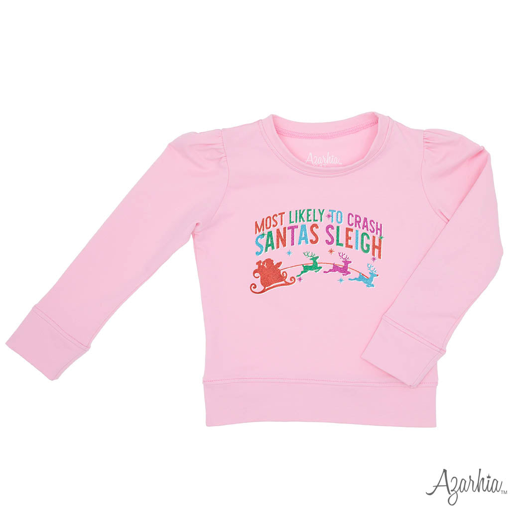 Santa’s Sleigh “Most Likely to Crash” Sweatshirt – Light Pink Christmas Top for Girls