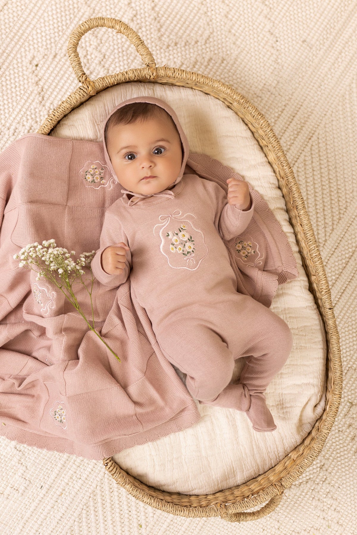 Knit Collection Embroidered Pink Footie/bonnet