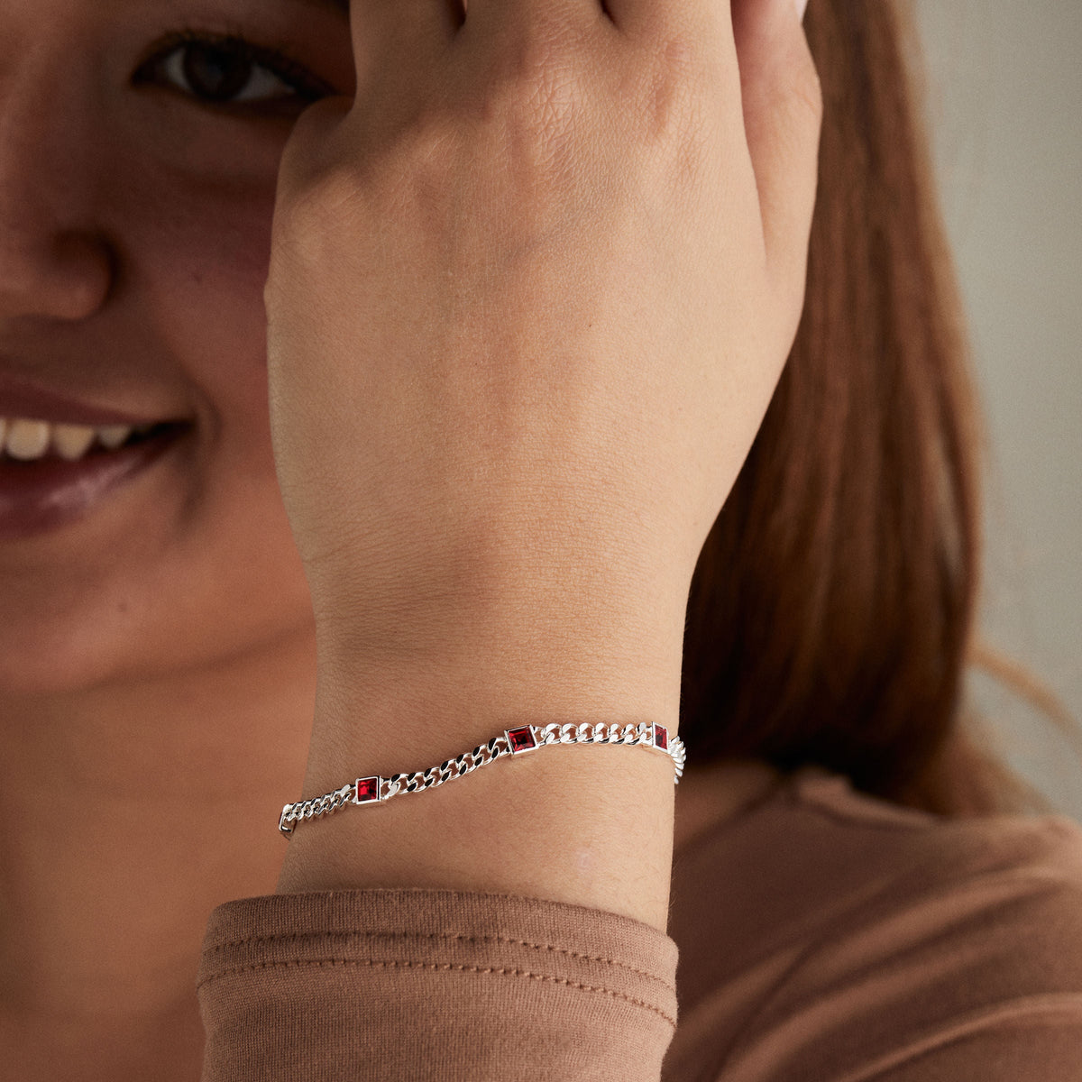 July Birthstone Ruby Curb Chain Bracelet