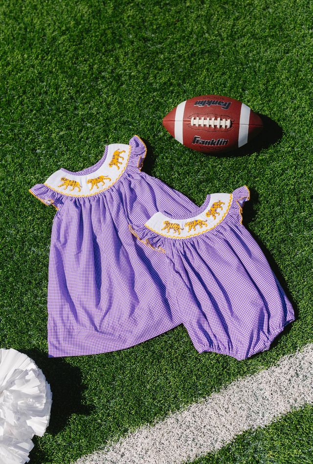 Girls Purple Tiger Smocked Dress – LSU-Inspired Gingham Tiger Bishop Dress | The Prissy Pelican Boutique Bossier City, LA