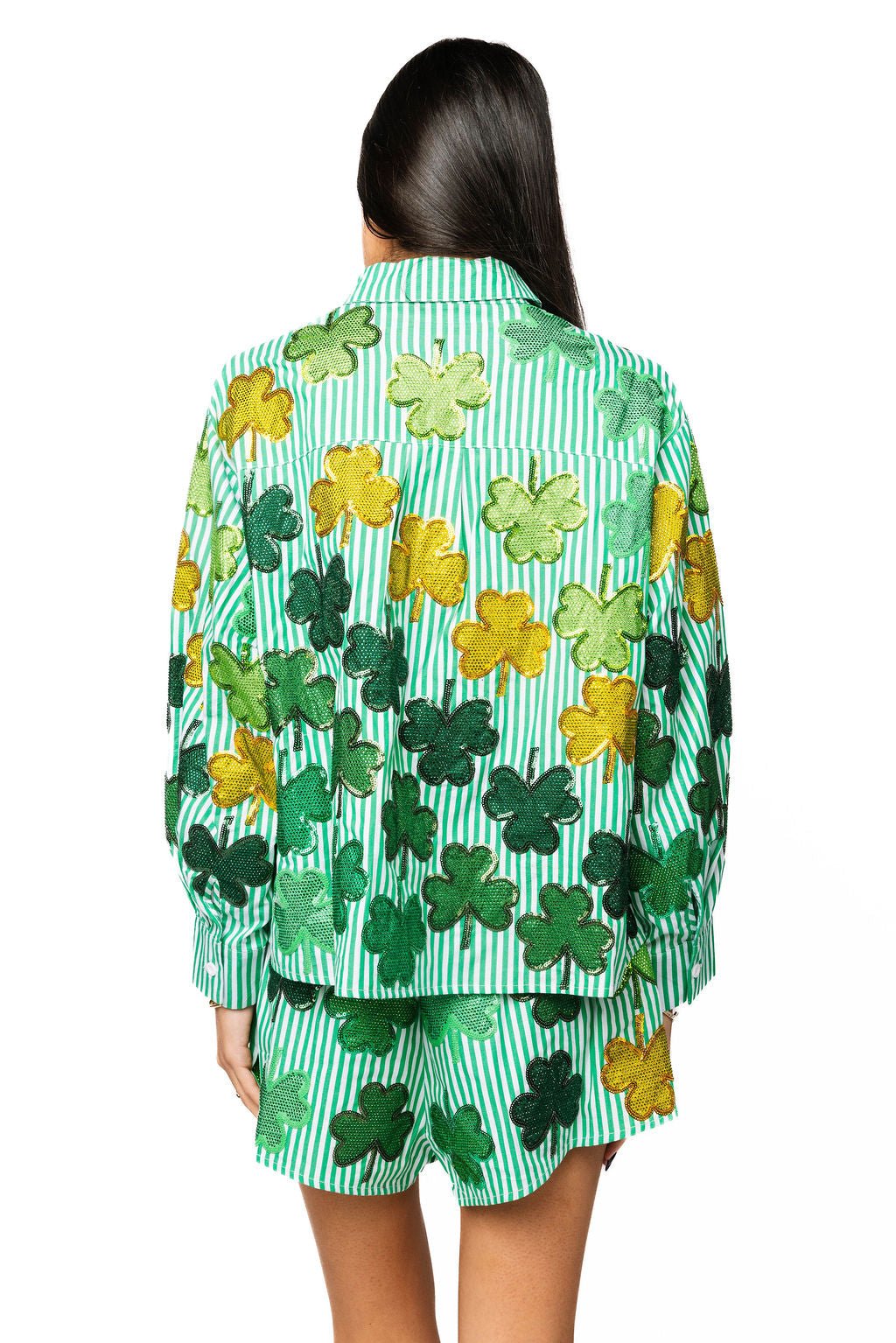 QOS Green & White Striped Rhinestone Shamrock Button Up Long Sleeve Top