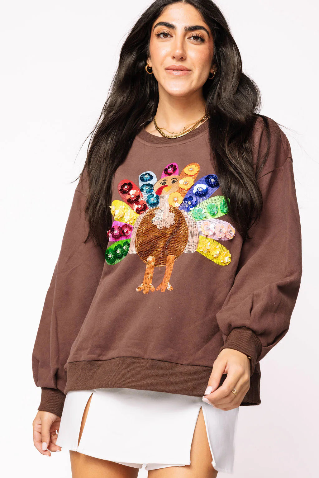 Queen of Sparkles Brown Rainbow Flower Turkey Sweatshirt - Adult