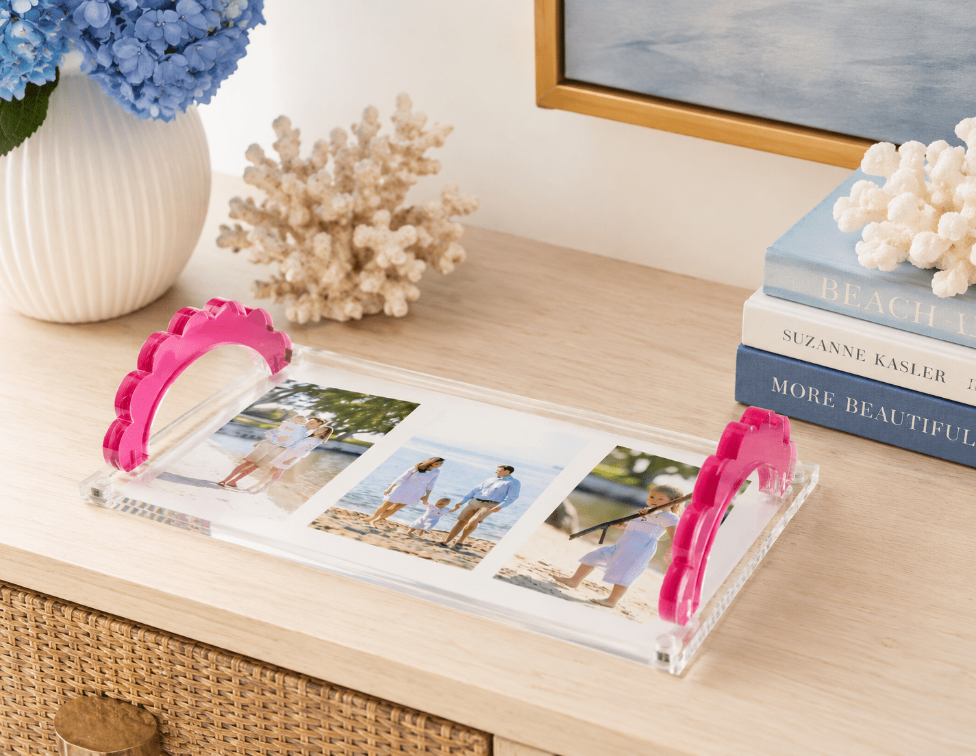 Rose Acrylic Scallop Handle Photo Tray