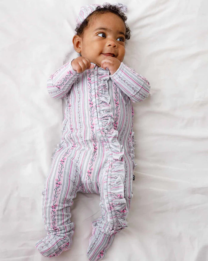 Josephine Ruffled Zippered Footie – Bamboo Baby Sleeper with Floral Print & Heart Grips
