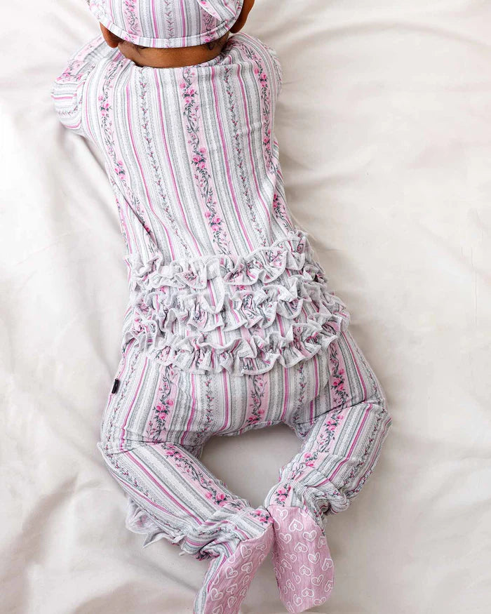Josephine Ruffled Zippered Footie – Bamboo Baby Sleeper with Floral Print & Heart Grips