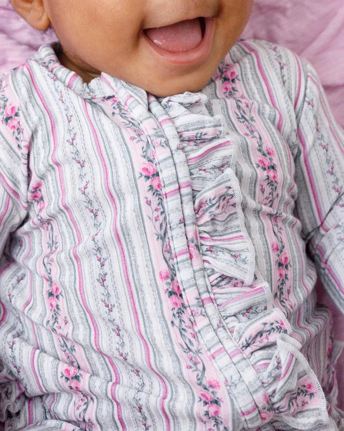 Josephine Ruffled Zippered Footie – Bamboo Baby Sleeper with Floral Print & Heart Grips