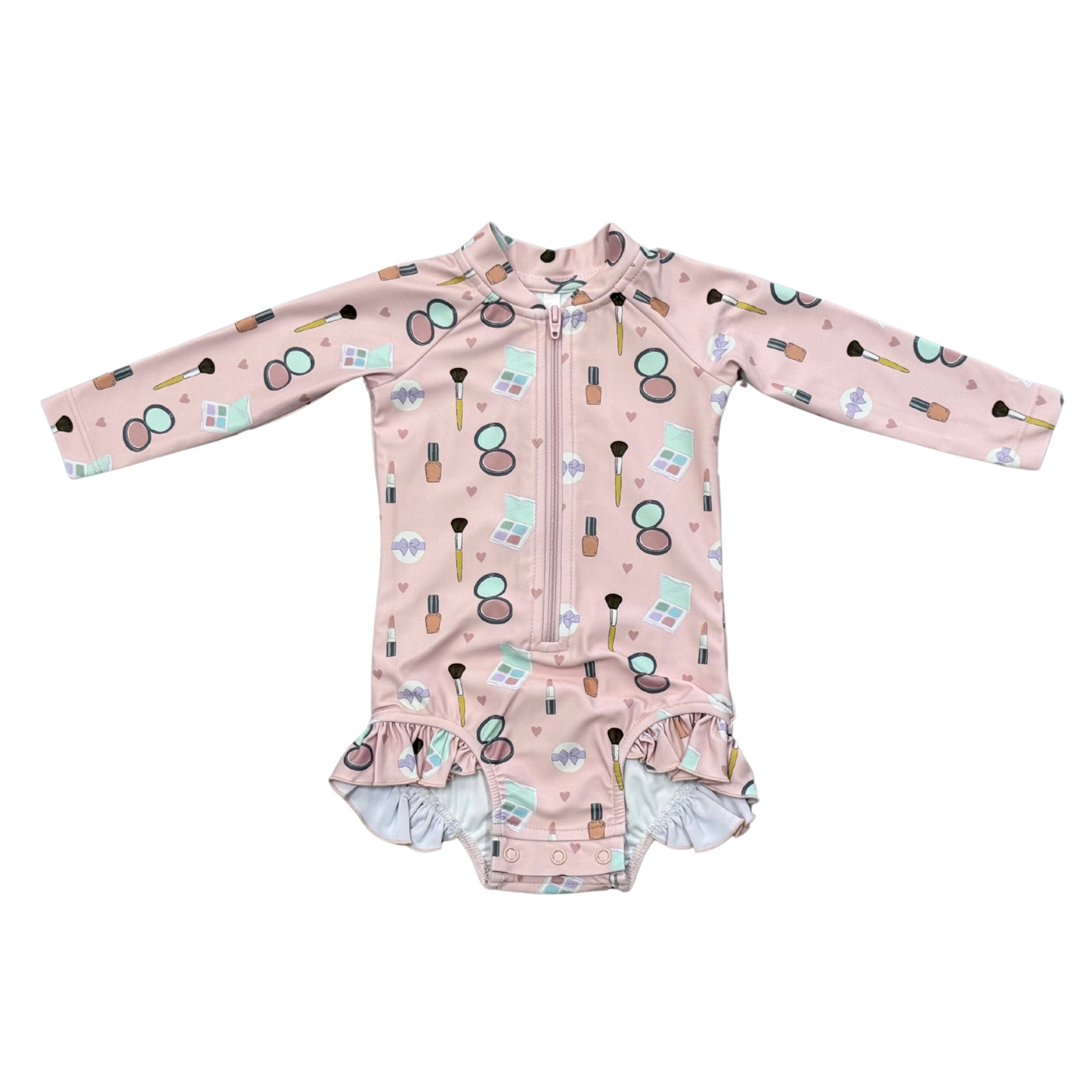 Girls Blush Beauty Print Ruffle Rash Guard One-Piece Swimsuit