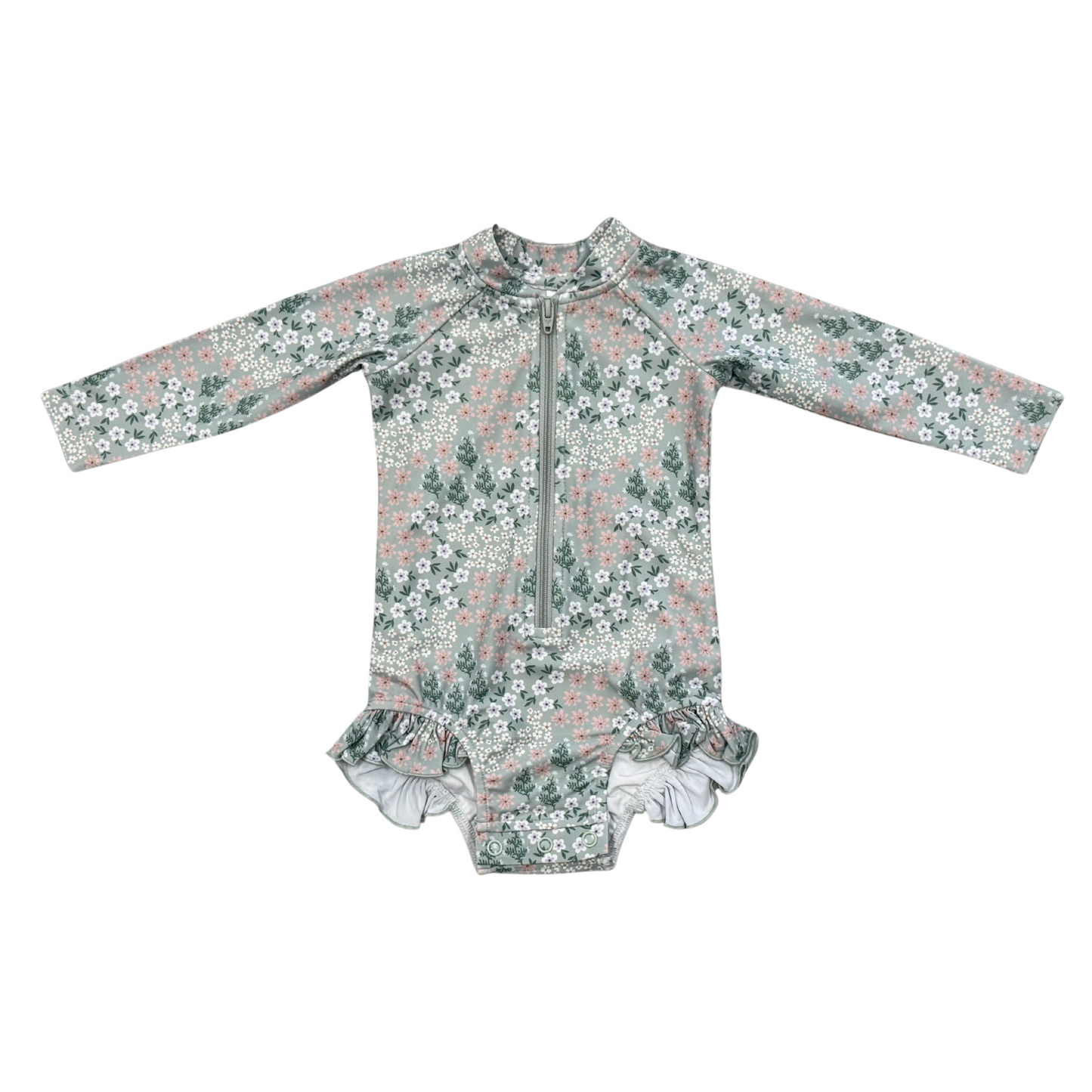 Girls Aqua Grey Floral Ruffle Rash Guard One-Piece Swimsuit