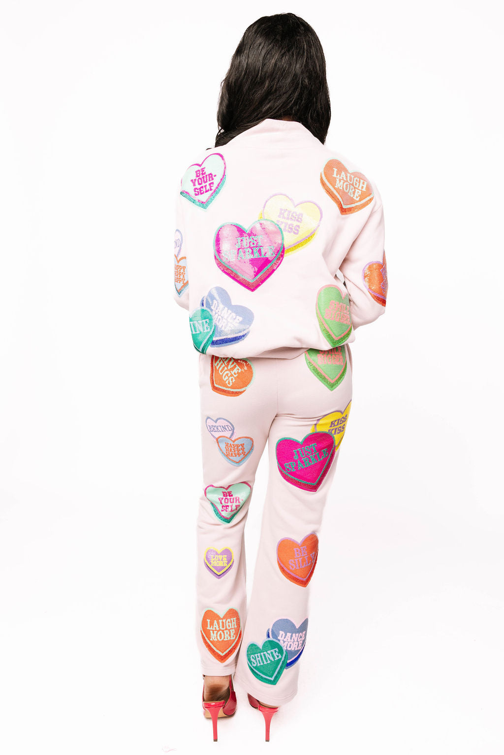 Queen of Sparkles Pale Pink Multi Positive Hearts Sweatpants