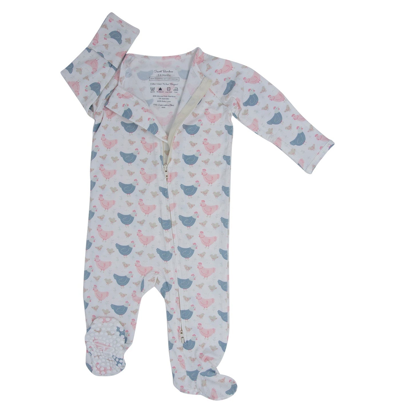 Pink Farm Hens Bamboo Zipper Footie