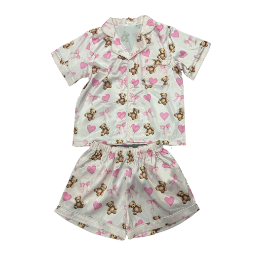 Girls Satin Pajama Set – Bears & Bows Print