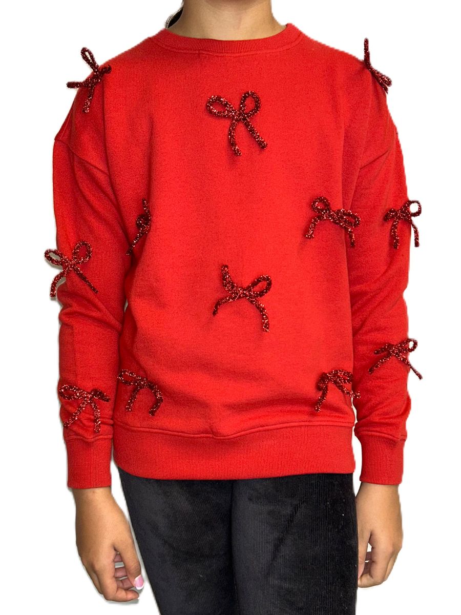 Red Bow Appliqué Christmas Sweatshirt – Tween Girl Fleece Pullover