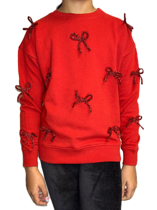 Red Bow Appliqué Christmas Sweatshirt – Tween Girl Fleece Pullover