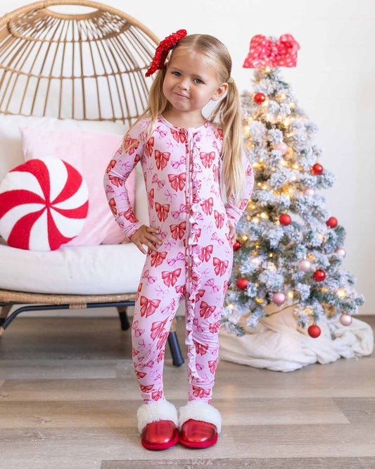 Red & Pink Bow Ruffled Poppy™ Convertible Romper | Bamboo Zip Pajamas