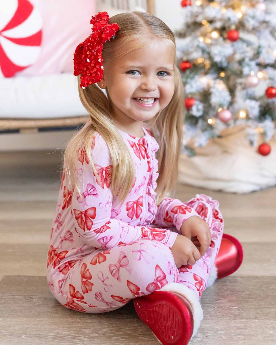 Red & Pink Bow Ruffled Poppy™ Convertible Romper | Bamboo Zip Pajamas