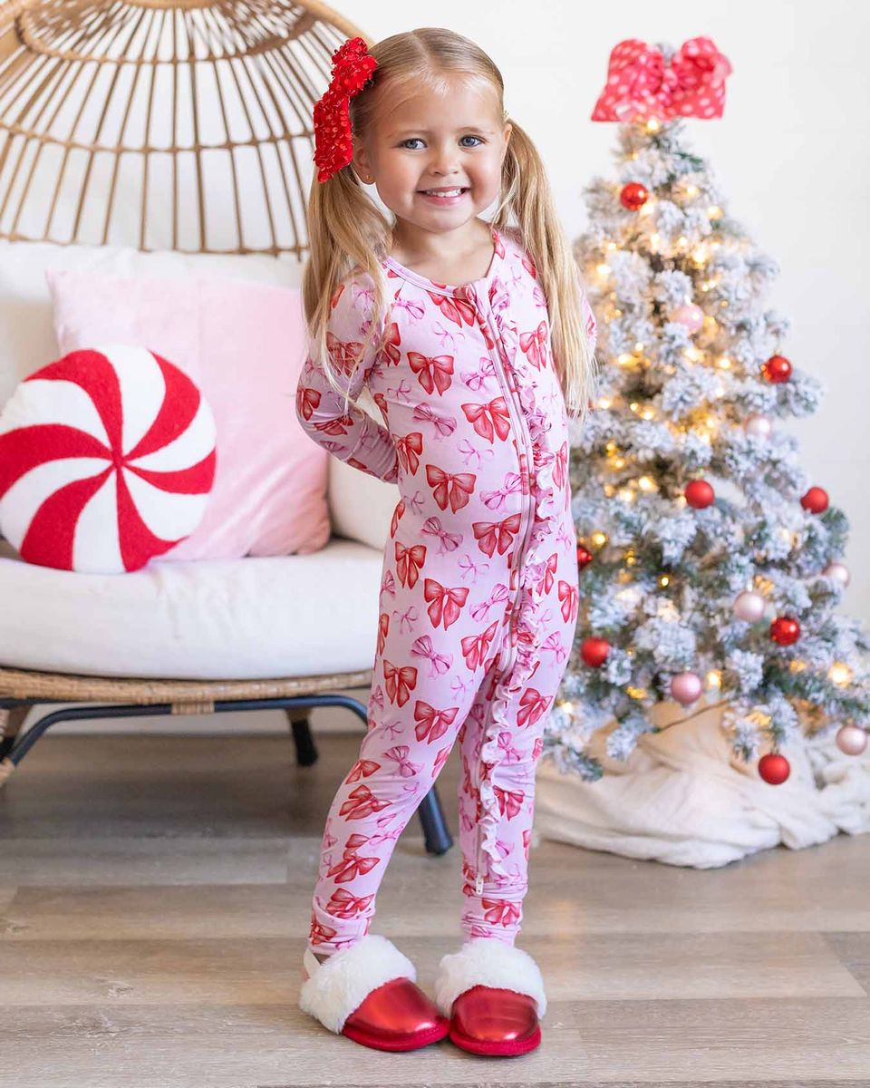 Red & Pink Bow Ruffled Poppy™ Convertible Romper | Bamboo Zip Pajamas