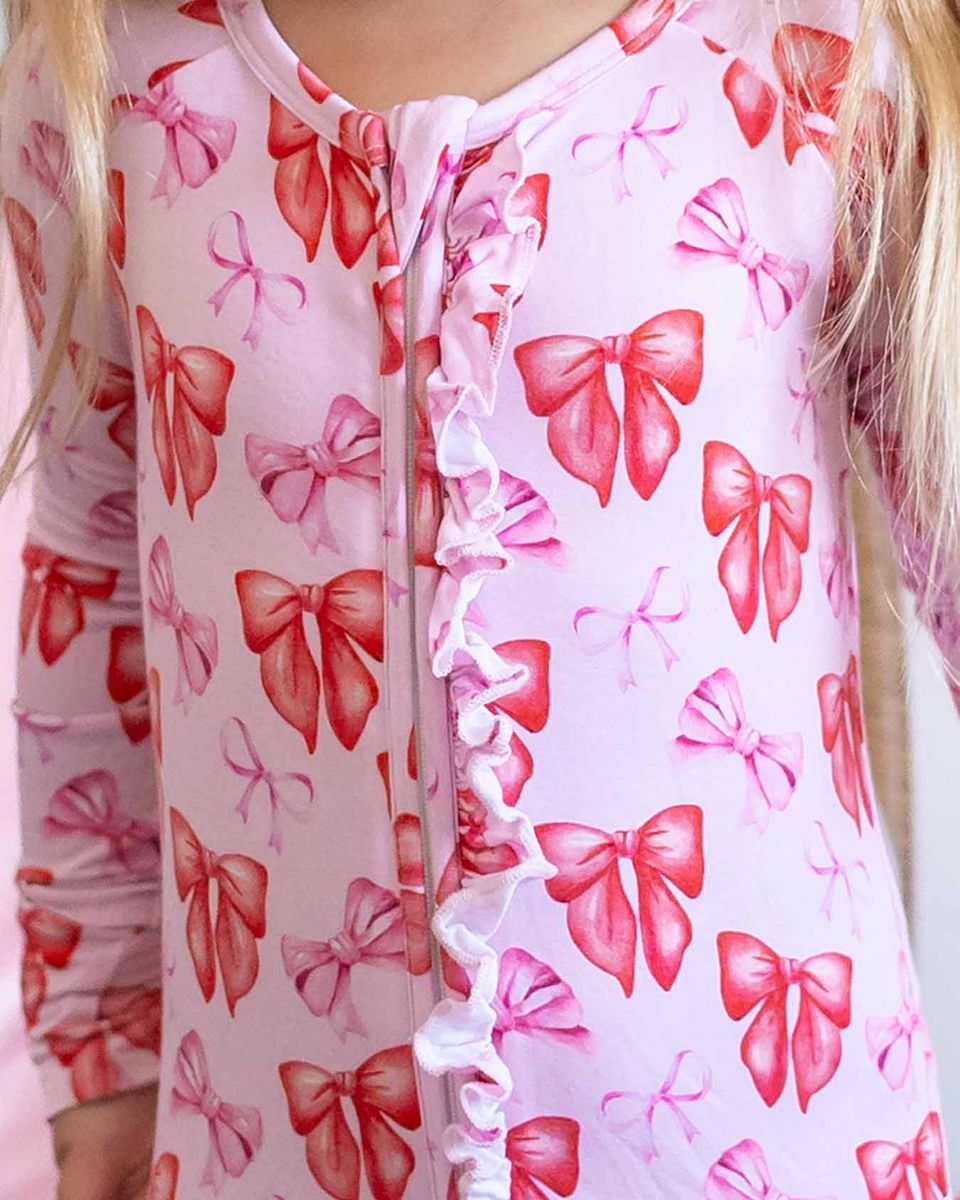 Red & Pink Bow Ruffled Poppy™ Convertible Romper | Bamboo Zip Pajamas