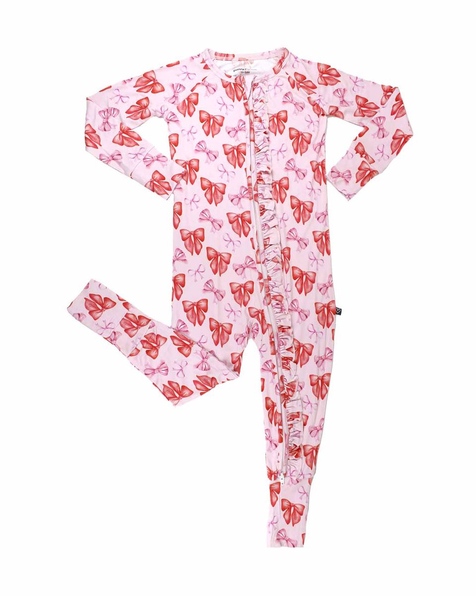Red & Pink Bow Ruffled Poppy™ Convertible Romper | Bamboo Zip Pajamas