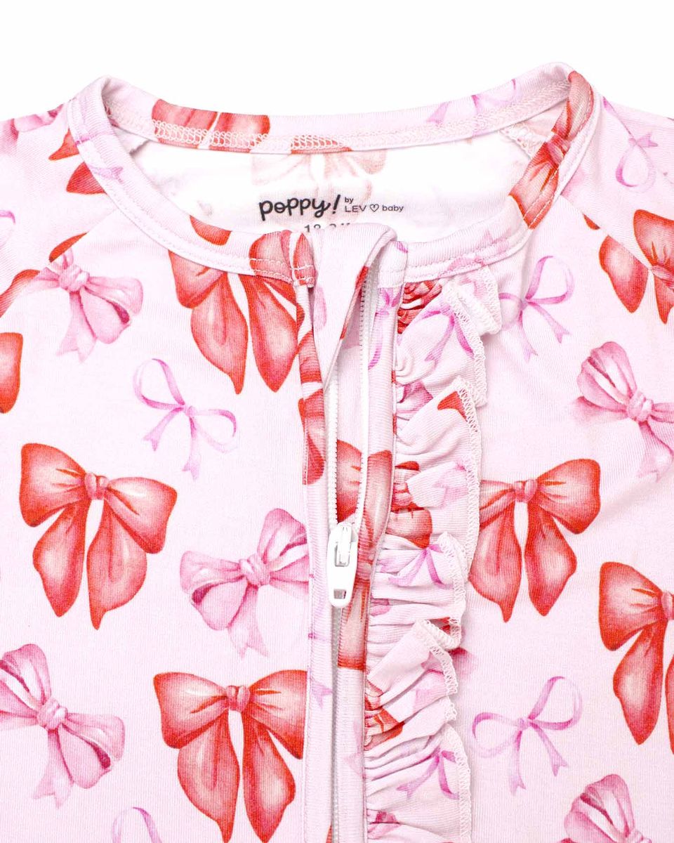 Red & Pink Bow Ruffled Poppy™ Convertible Romper | Bamboo Zip Pajamas