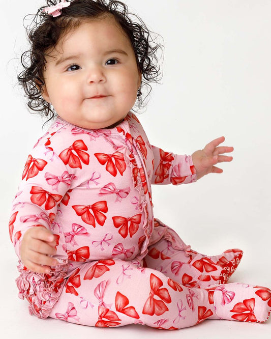 Red & Pink Bow Ruffled Zippered Footie | Bamboo Baby Sleeper