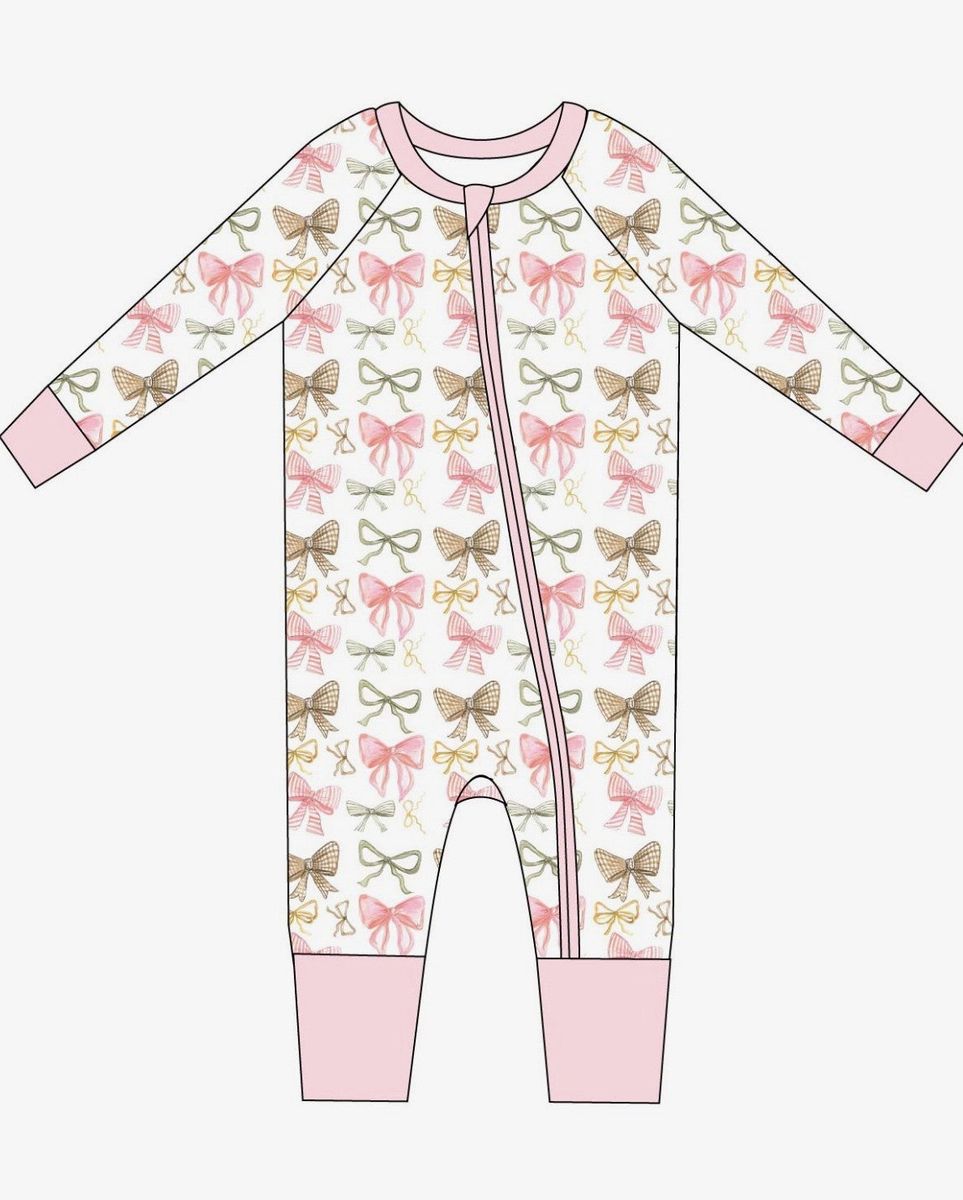 Golden Bows Bamboo Baby Zip Romper – Pink Bow Sleeper