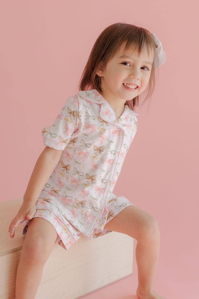 Golden Bows Bamboo Girls Button Down Pajama Set