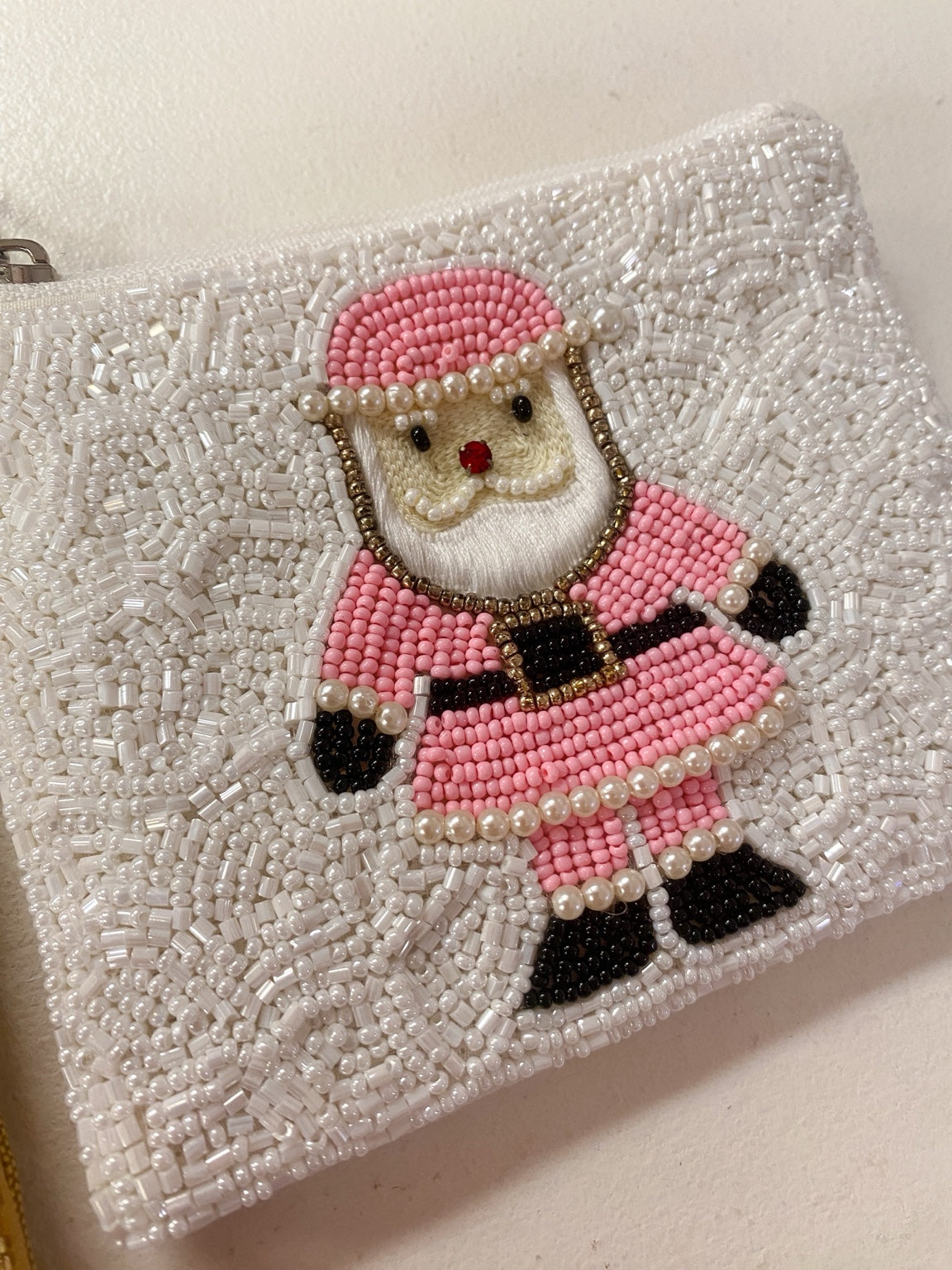 Beaded Santa Coin Purse – Gold or Pink (4" x 5") | Christmas Accessories