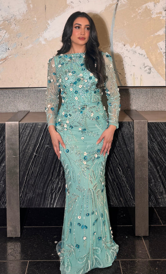 Raihana Long Sleeve High Neck Floral Sequin Embellished Modest Evening Dress