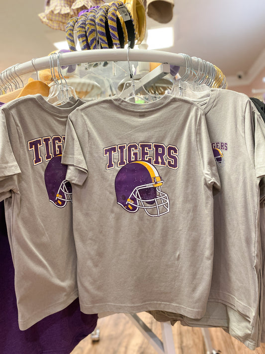 Boys LSU Tigers Football Helmet Gameday T-Shirt – Grey Purple & Gold
