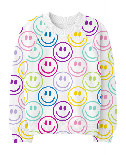 Azarhia Bright Smiley Faces White Oversized Sweatshirt | Girls Designer Pullover | Bossier City, LA