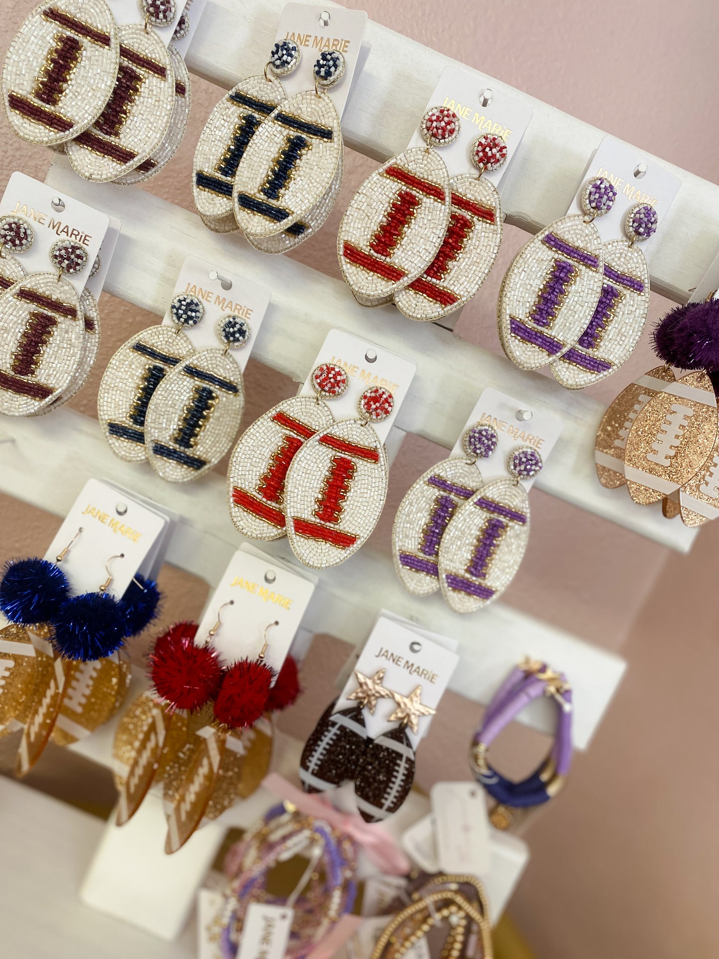 Navy, Ivory & Gold Beaded Football Earrings