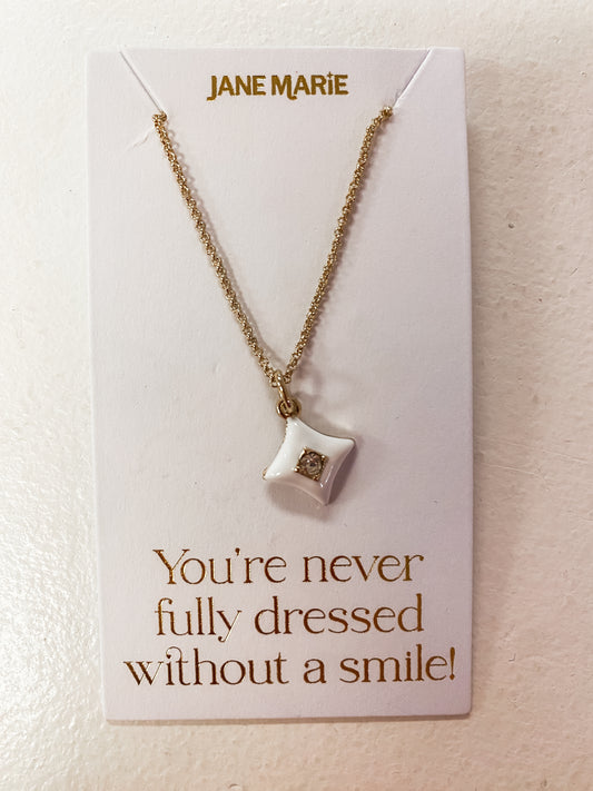 Andie Necklace – White Enamel Diamond Charm with Crystal Accent (16" + 3" Ext)