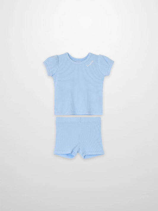 Ribbed Short Puff Sleeve T-shirt & Shorts Set - Light Blue